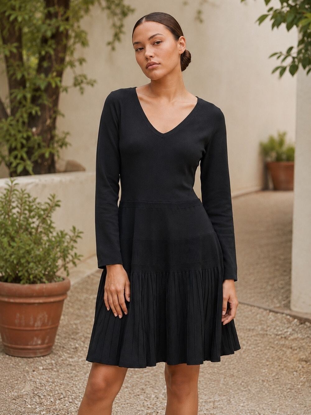 Scoop Little Black Dress Fit & Flare Long Sleeve V Neck NWT Medium 8-10
